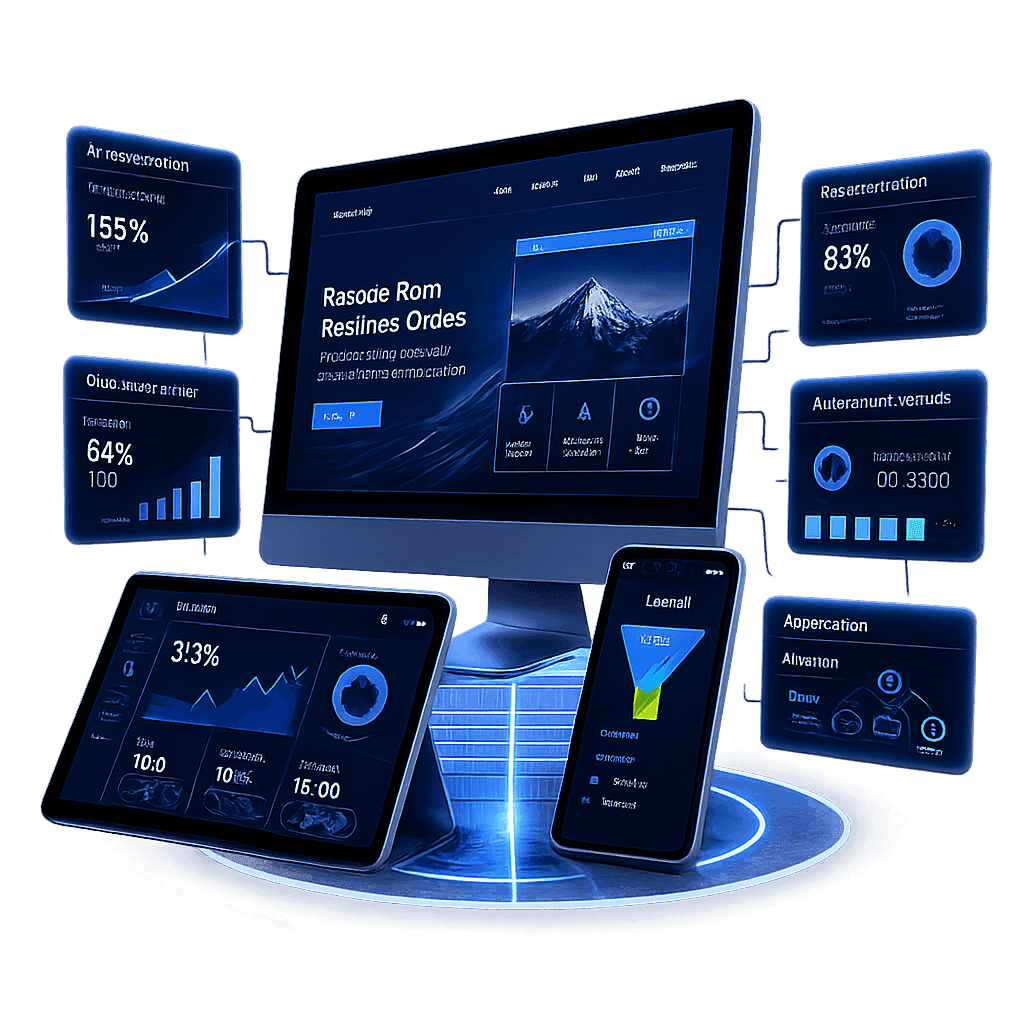 Web design, web app, and business automation dashboards on desktop, tablet, and mobile screens